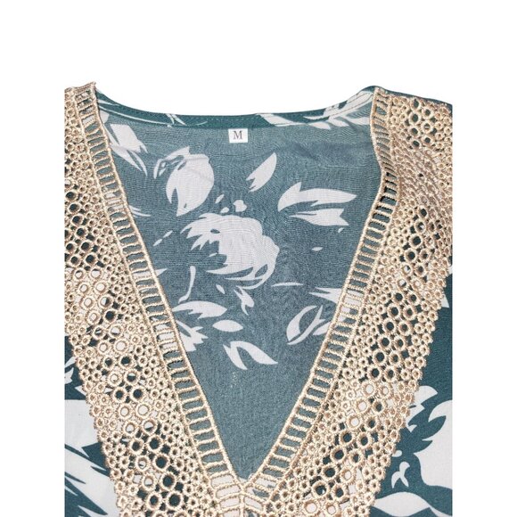 Green Floral Blouse W/ Crochet V-Neckline Womens M - Picture 4 of 6